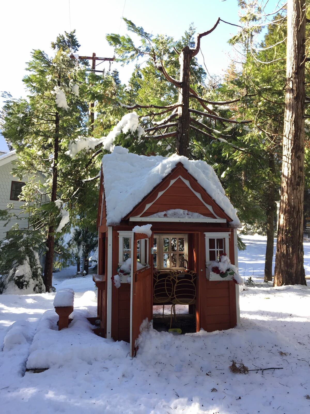 Snow-covered playhouse in the yard